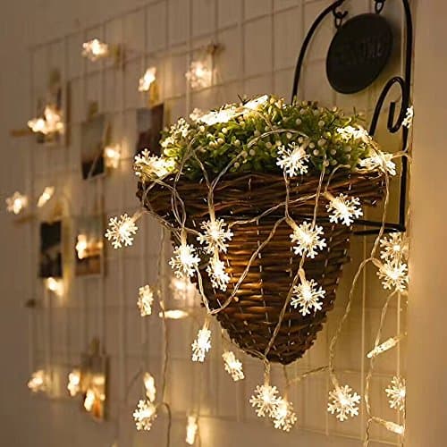 Bymlt-Snowflake String Lights 20 ft 40 Lights Battery Operated Waterproof for Garden Patio Bedroom Decor Indoor Outdoor Lighting, White(Battery power)