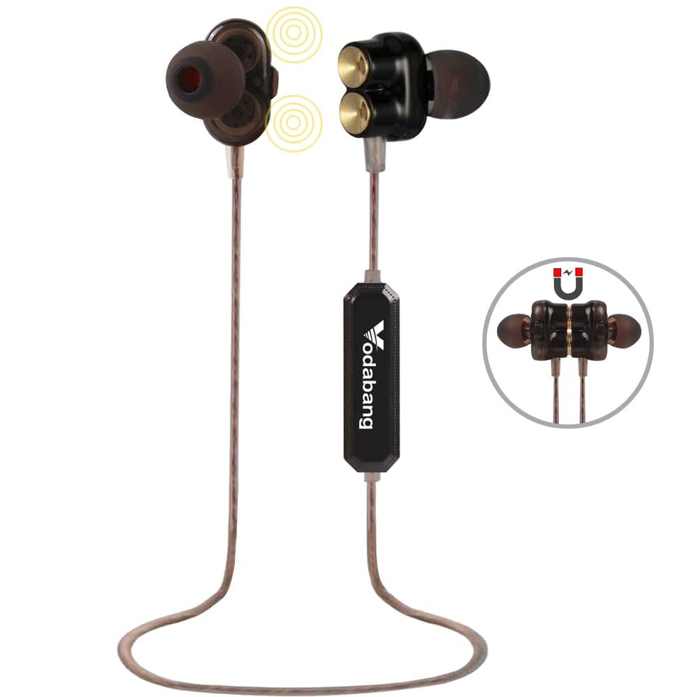 Bluetooth Headphones Vodabang High Definition Dual Dynamic Driver Magnetic Heavy Bass Wireless Earbuds Sport In-Ear Sweatproof Earphones with Mic Black