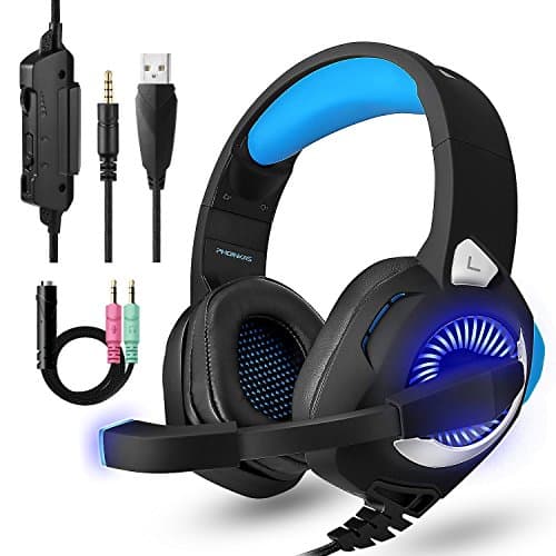 PS4 Headset Gaming, PC Headset with Micophones,Surround Sound Over-Ear Headphones with Noise Cancelling Mic, LED Lights, Volume Control for Laptop, Mac, iPad, Computer, Nintendo Switch,Blue