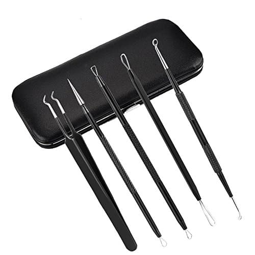 Blackhead Remover Pimple Comedone Extractor Tools Kits with Mirror Leather Gift Case, 5-in-1 Professional Stainless Set with Anti-slid Handles