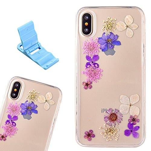 iPhone X Case, SXUUXB Beautiful Pressed Floral Soft Silicone Case Multi-color Flower Petal Transparent Jelly Design for Apple iPhone X 5.8" - Floral 15 + 1 x Free Bracket (Color Random)