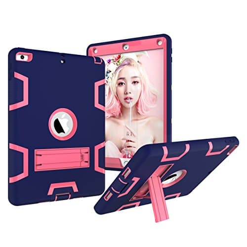 Hansin iPad 9.7 2018 / 2017 Case, Tough Rugged Heavy Duty Armour Shockproof Damper Full Body Protective Cover With Kickstand for Apple iPad 9.7-inch, Navy/Rose