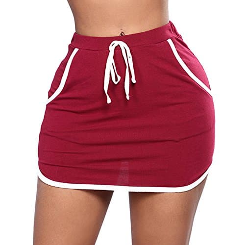 Lurdarin Womens Stripes Stitching Mini Short Skirts With Drawstring and Pocket