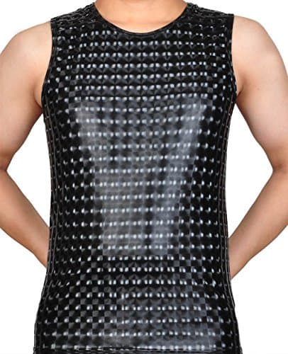 Cedir Men's Wide Shoulder 3D Checker Figure Leather Like Vest Tank Top Shirt M Black