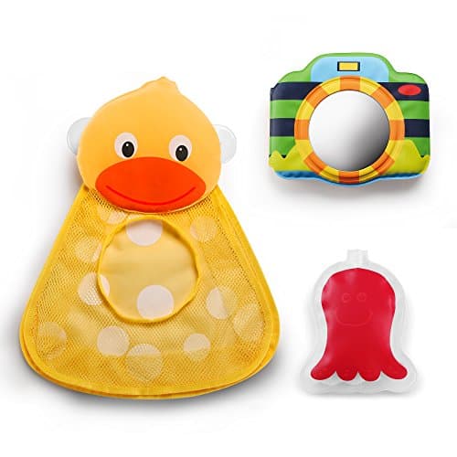 Bath Toy Organizer Set by Smilehome, Adorable Duck Shape, with Bath Book & 33 Degree Water Temperature Detective Toy, Two Strong Suction Cups(Yellow)