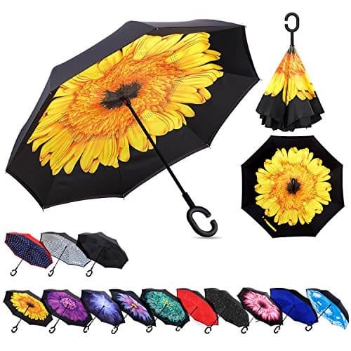 Zameka Double Layer Inverted Umbrellas Reverse Folding Umbrella Windproof UV Protection Big Straight Umbrella Inside Out Upside Down Car Rain Outdoor C-Shaped Handle
