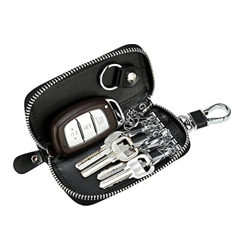 Foonii Genuine Leather Woven Men Oversized Zip Around Key Case Car Key Wallet 6 Hook (Black)