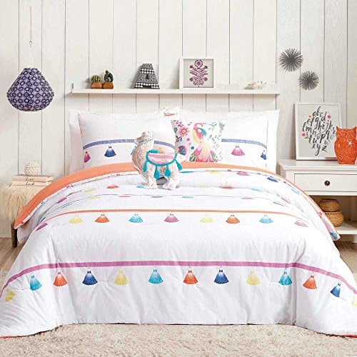 Trendy, Cute, Multicolor Painted Tassel 4-Piece FULL/QUEEN Comforter Set in Coral Features Camel Shape and Peacock Print Throw Pillows by Urban Playground