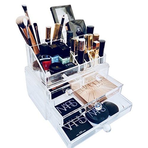 Acrylic 2 Piece Makeup Vanity Organizer - Transparent Display Box with 4 Drawers, Lipstick Holders and Compartments, Clear Riser Stand for Cosmetics, Accessories, Jewelry, Nail Polish