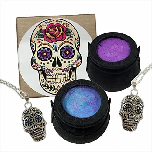 Witches Brew Crackle Cauldron Bath Bomb Bubbling Bath Fizzy- Witch's Brew with 925 Sterling Silver Sugar Skull Necklace and Swiss Crystal Eyes With Chain (Amethyst Crystal Eyes)