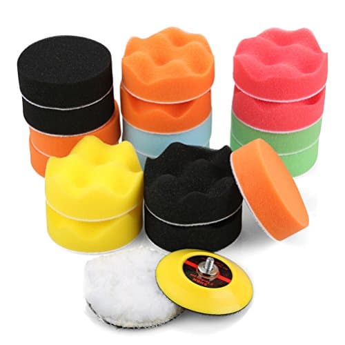 19pcs 80mm Compound Drill Polishing Buffing Waxing Sponge Pad Kit for Car Sanding, Waxing, Sealing Glaze - 9 Flat Polishing Pads + 8 Waffle Polishing Pads + 1 White Woolen Pad + 1 Adhesive Backer Pa