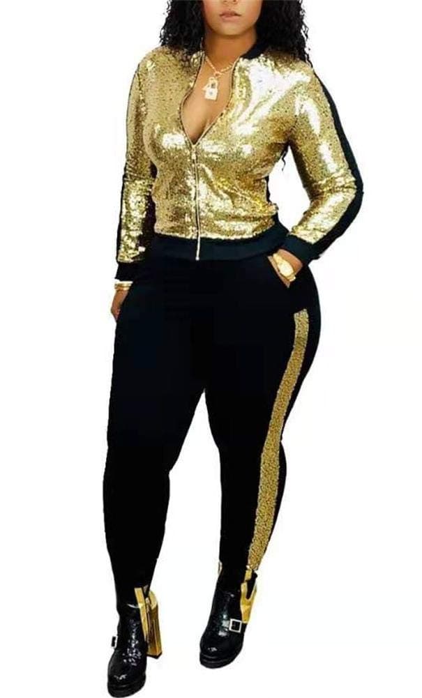 Womens 2 Piece Outfits Glitter Sequins Pullover Top + Bodycon Pants Metallic Shiny Party Clubwear Set