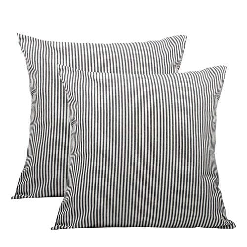 COMHO Pack of 2, Cotton Woven Striped Throw Pillow Covers Set, Decorative Cushion Covers, Square Farmhouse Pillowcases, for Sofa Bedroom Car Chair 18x18 Inch/45x45 cm (Black)
