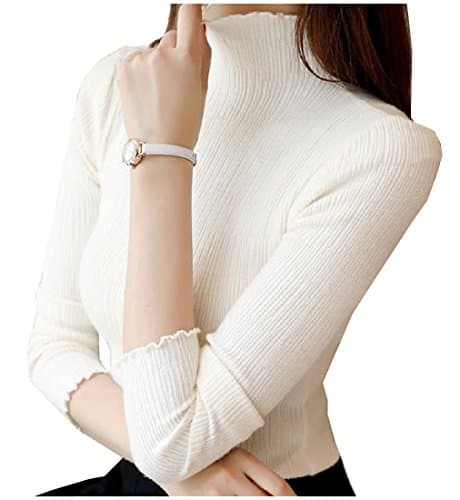XiaoShop Women's Slim Cozy High Neck Blouses Solid Long Sleeve Pullover White One-Size