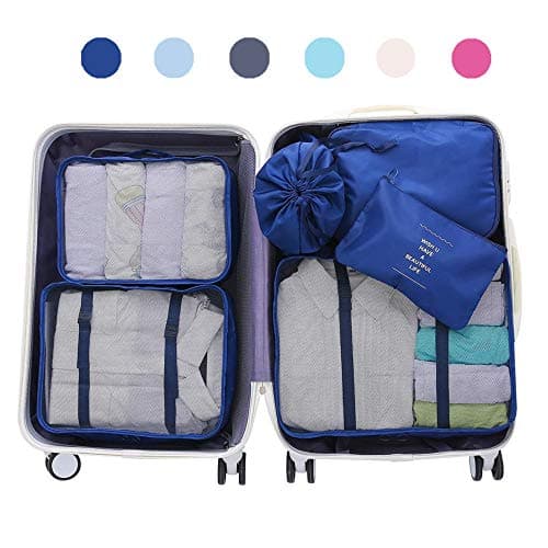 Luggage Organizer, Suitcase Packing Cubes, Compression Cells, Accessories Bags Made With Wearable Waterproof Material. Perfect for Travel, Long Trips, Camping, 6 Pieces (Navy Blue)