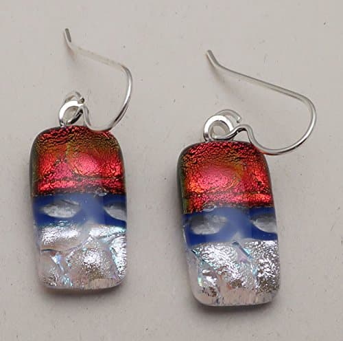 Red blue silver modern three layer dangle fused dichroic glass earrings Sterling silver ear wires
