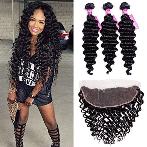 VRVOGUE (14" 16" 18") Brazilian Deep Wave Bundles with Frontal Lace 12 Inch Free Part 13x4 For Lace Frontal Wigs 100% Unprocessed Virgin Brazilian Human Hair Weave Extensions Natural Color …