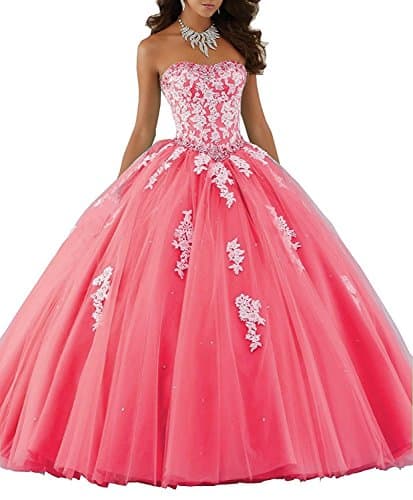 Eldecey Elley Women's Applique Long Formal Tulle 2016 Long Ball Gowm Princess Birthday Party Quinceanera Dress Coral US14