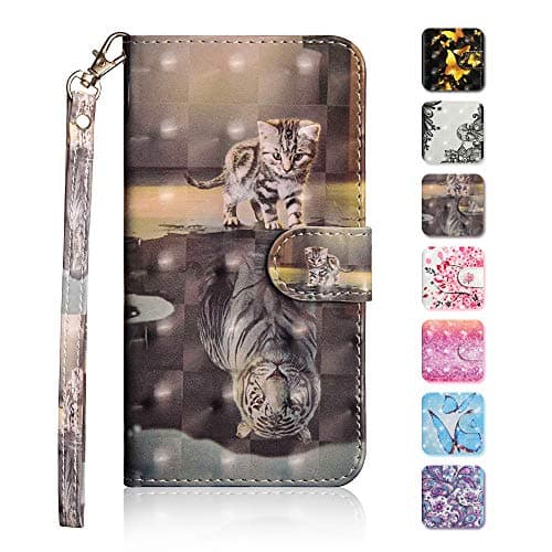 iPhone X/iPhone Xs Case, The Grafu Wallet Case PU Leather 3D Painted Folio Flip Cover, Card Holder Stand Case with Wrist Strap for Apple iPhone X/iPhone Xs, Tiger Cat