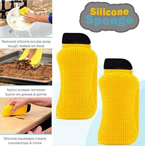 SBB Ultimate Silicone Sponge Improved Dish Washing Scrubber Fruit Vegetable Food Grade Anti-Bacterial Cleaning Kitchen Gadgets Brush Accessories (Yellow)