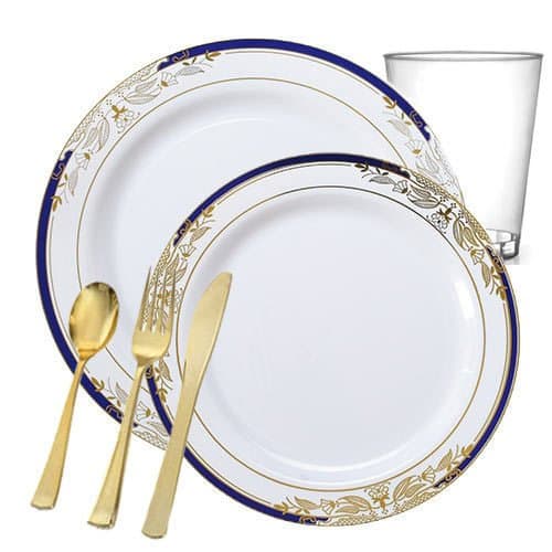 Posh Party Supplies | White Disposable Plastic Dinnerware Package with a Blue & Gold Rim for 20 Guests | Includes Dinner & Dessert Plates, Plastic Tumblers & Cutlery | 120 Piece Total