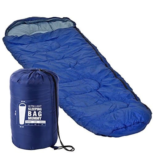 Ultra Light Blue Mummy Sleeping Bag 225 x 80 x 50 Minus 8 °C for Camping, Tents and Outdoor