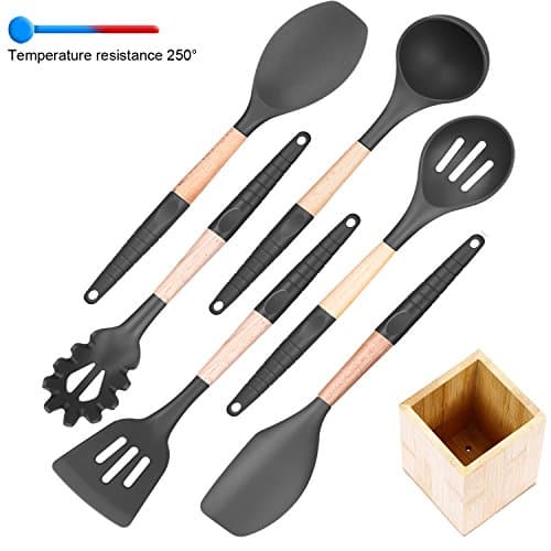 kitchen Utensil set-Premium Silicone Kitchen Utensils for Non-stick Cookware, 7-Piece BPA Free Cooking Utensils Set with Wood Handle Wrap with Silicone,Utensils spoon, slotted spoon, soup ladl