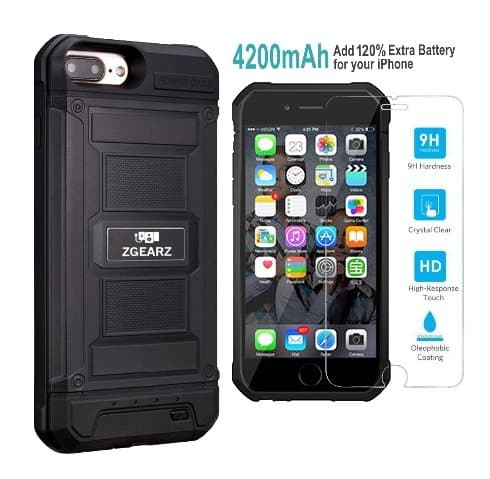 ZgearZ iPhone 8 Plus Battery Case Heavy Duty Extended Backup Charging Full Protective with TPU Bumper Rugged Power Pack for Apple iPhone 8/7/6/6S Plus 5.5 in. Included Tempered Glass Screen Protector