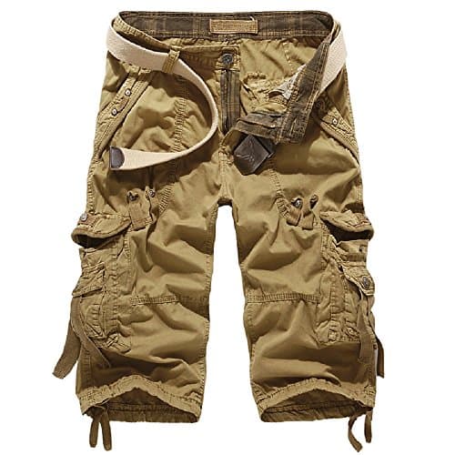 Yin Chen Mens Casual Slim Fit Cotton Solid Multi-Pocket Cargo Shorts,1-khaki,Size 36