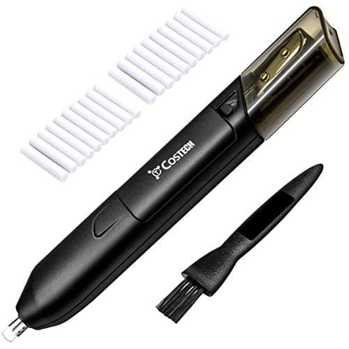 Electric Eraser Kit, Costech Portable 2 In 1 Design with Manual Pencil Sharpener - Included 21 Refills and 1 Eraser Brush; Battery Operated For Classroom, Office, School, Kids, Teachers, Art (1 PACK)