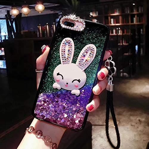 Amocase Liquid Plastic Hard Case with 2 in 1 Stylus for iPhone 7 Plus/iPhone 8 Plus 5.5 inch,Luxury 3D Cartoon Bunny Soft Rubber Bumper Quicksand Bling Glitter Strap Case with Rabbit Stand - Purple