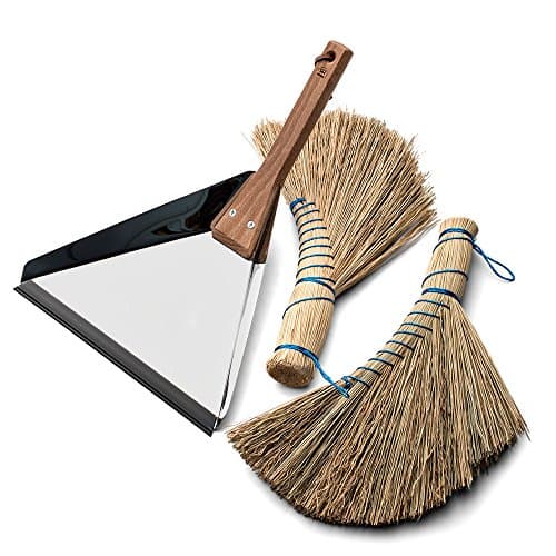 Two Natural Rice-Straw Whisk Brooms and a 7-3/4" Beechwood and Stainless Steel Dust Pan