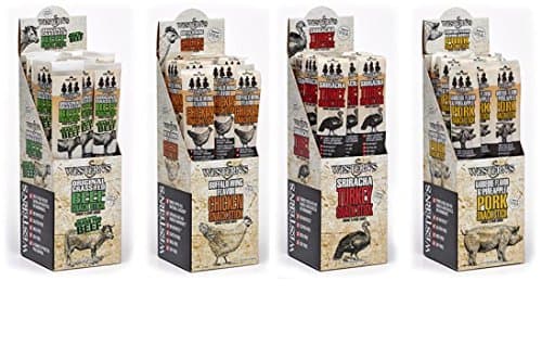 Snack Stick Variety Pack: MSG, Gluten and Soy Free. 6 Original Grass Fed Beef, 6 Buffalo Wing Chicken, 6 Sriracha Turkey and 6 BBQ Pork & Pineapple (1-oz Sticks, 24-Count, Western's Smokehouse)