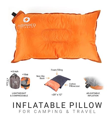 Inspired Equipment Camp Pillow by Camping, Backpack or hike light and sleep well - self-inflating travel pillow with cotton pillowcase - orange