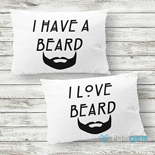 I Love Beard Throw Pillow Case His & Hers Personalized Mr Mrs Cushion Cover | Custom Wedding Decor Gift Zipper Queen King Pillowcases Newly Anniversary Gifts for Her Him | Burlap or Cotton - Set of 2