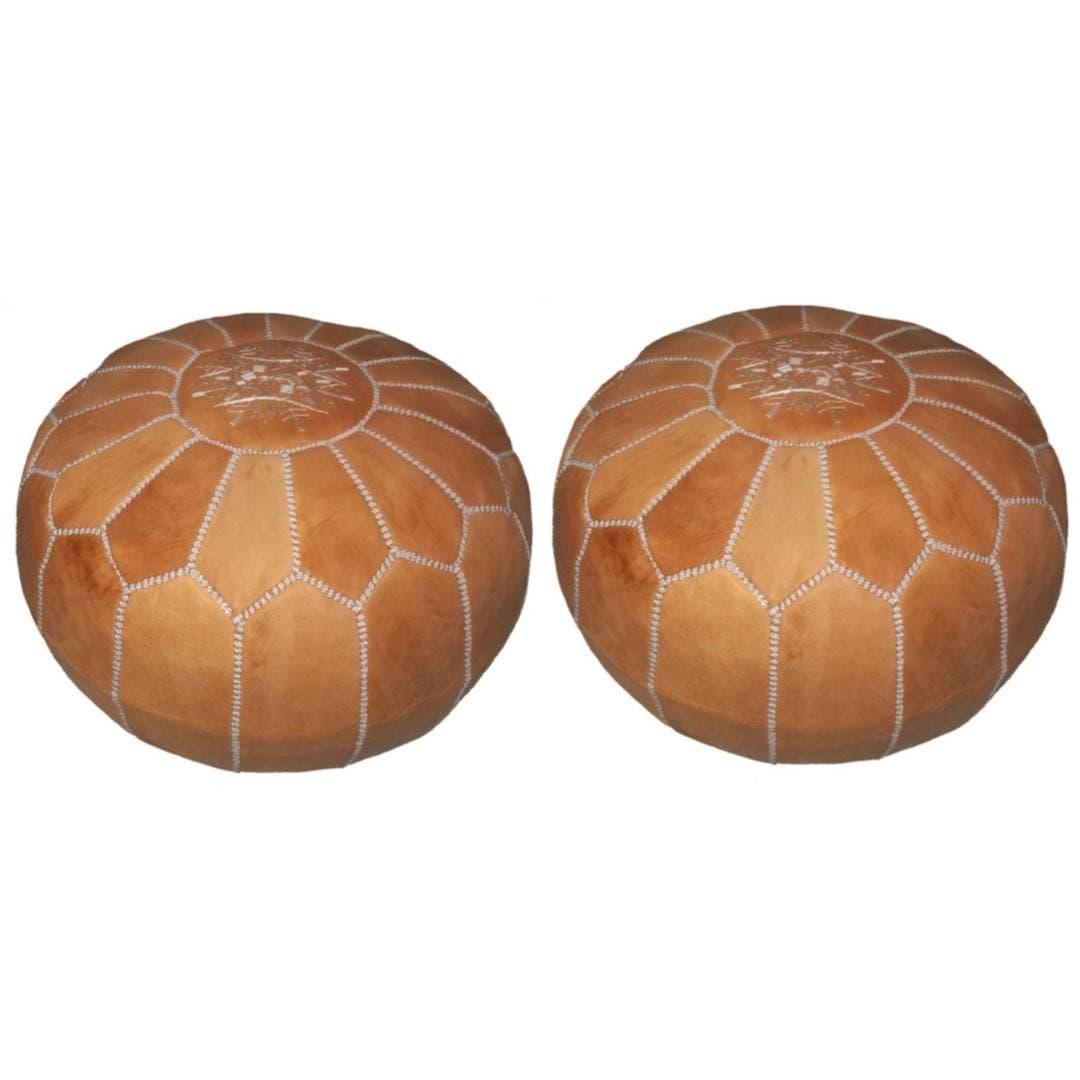 Blue Boho Beautiful Set of 2 Handmade Moroccan Leather pouffe Footstool ottoman Cognac color Delivered unstuffed