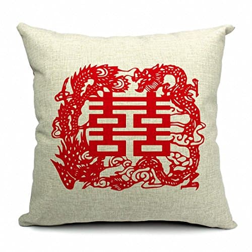 E-sunshine® Thick Cotton Blend Linen Square Throw Pillow Cover Decorative Cushion Case Pillow Case 18 X 18 Inches / 45 X 45 cm, Chinese Style Wedding (Double Happiness)