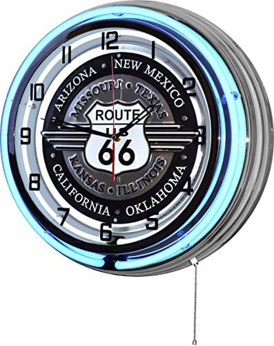 18" Blue Double Neon Wall Clock, Route 66 States US 66 Will Rogers Highway (METAL)