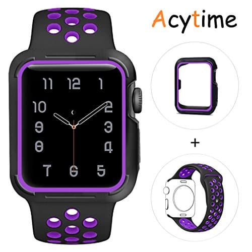 For Apple Watch Band, Acytime Durable Soft Silicone Replacement iWatch Band Sport Style Wrist Strap for Apple Watch Band Series 3 Series 2 Series 1 (Black Purple, 42mm M/L)