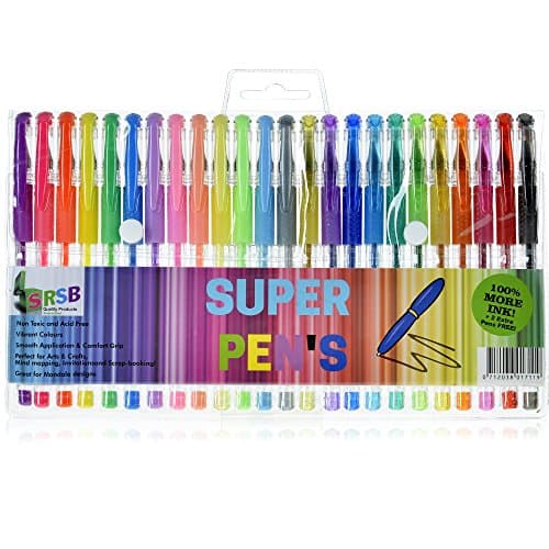 SuperPens – 24 assorted Gel Pens (100% more ink, plus 2 extra free) in glitter, neon + pastel. Ideal for crafting, adult coloring books, mandalas, drawing, scrapbooking and doodling.