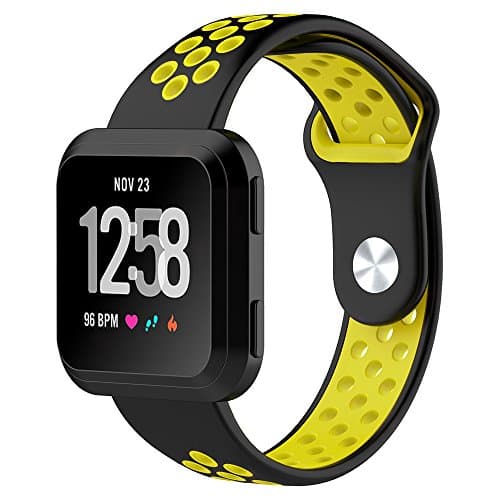 EasyJoy Fitbit Versa Bands for Women Men Small Large Wrist,Silicone Material Soft Waterproof Breathable Replacement Accessories Set for Fitbit Versa Smart Watch. (Black/Yellow, Large(6.7"-8.9"))