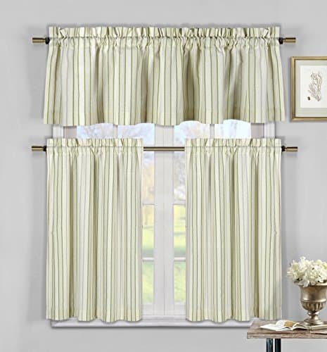 Three Piece Cotton Rich Kitchen/Cafe Tier Window Curtain Set: Striped pattern, One Valance, two Tiers (Sage Green, Taupe and Beige)