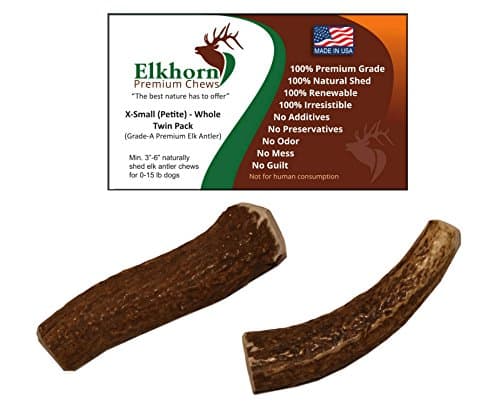 X Small Whole Twin Pack (for 0-15 lb Dogs and Puppies) Premium Grade Elk Antlers for Dogs (2 Pieces) Sourced in The USA