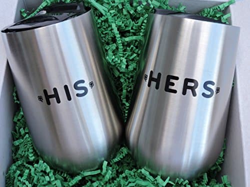 Drinking Glasses Unbreakable With Lids by Laughing Leprechaun. Gift Set of Two 14 oz. Bar Glasses. HIS AND HERS Design. Insulated Stainless Steel For Steaming Hot or Frosty Cold Drinks.