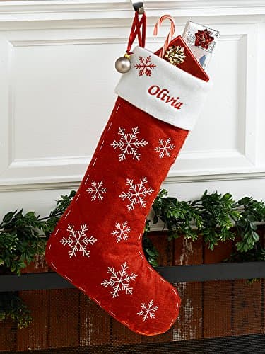 Personalized Red Felt Christmas Stocking with Snowflakes