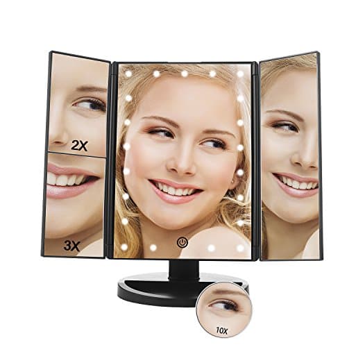 Lighted Makeup Mirror with 21 LED Lights, 10x/3x/2x Magnification, Tri-Fold Vanity Mirro with Touch Screen, Battery and USB Powered, Portable High-Definition Travel Cosmetic Mirror (Black)