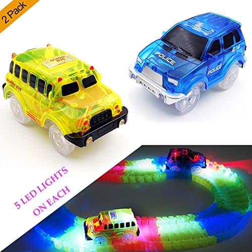 Track Cars,(2-Pack)Light Up Yellow School Bus and Blue Police Car,5 LED Lights,Compatible with Most Tracks, Perfect Gift for Boys & Girls