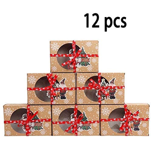 12 or 24 pcs Kraft Paper Christmas Gift Boxes with Clear Window New Year Favors Boxes for Cookies Treats (Color : Style A 12pcs)