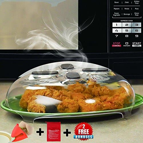 Microwave Anti-Sputtering Cover by Erd Kitchen - Magnetic Microwave Splatter Lid with Steam Vents - 2 Great Bonuses: Microwave Potato Cooker & Heat Resistant Cooking Pinch Mitts
