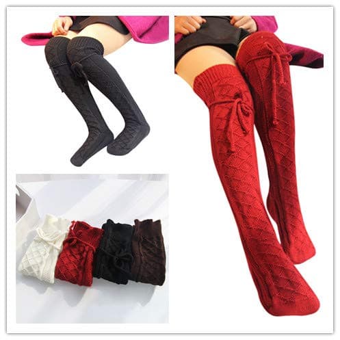 Malbaba Womens Cable Knit Over knee Long Boot Winter Warm Thigh-High Soft Socks Leggings (Free Size, Two Colors(Black& Red))
